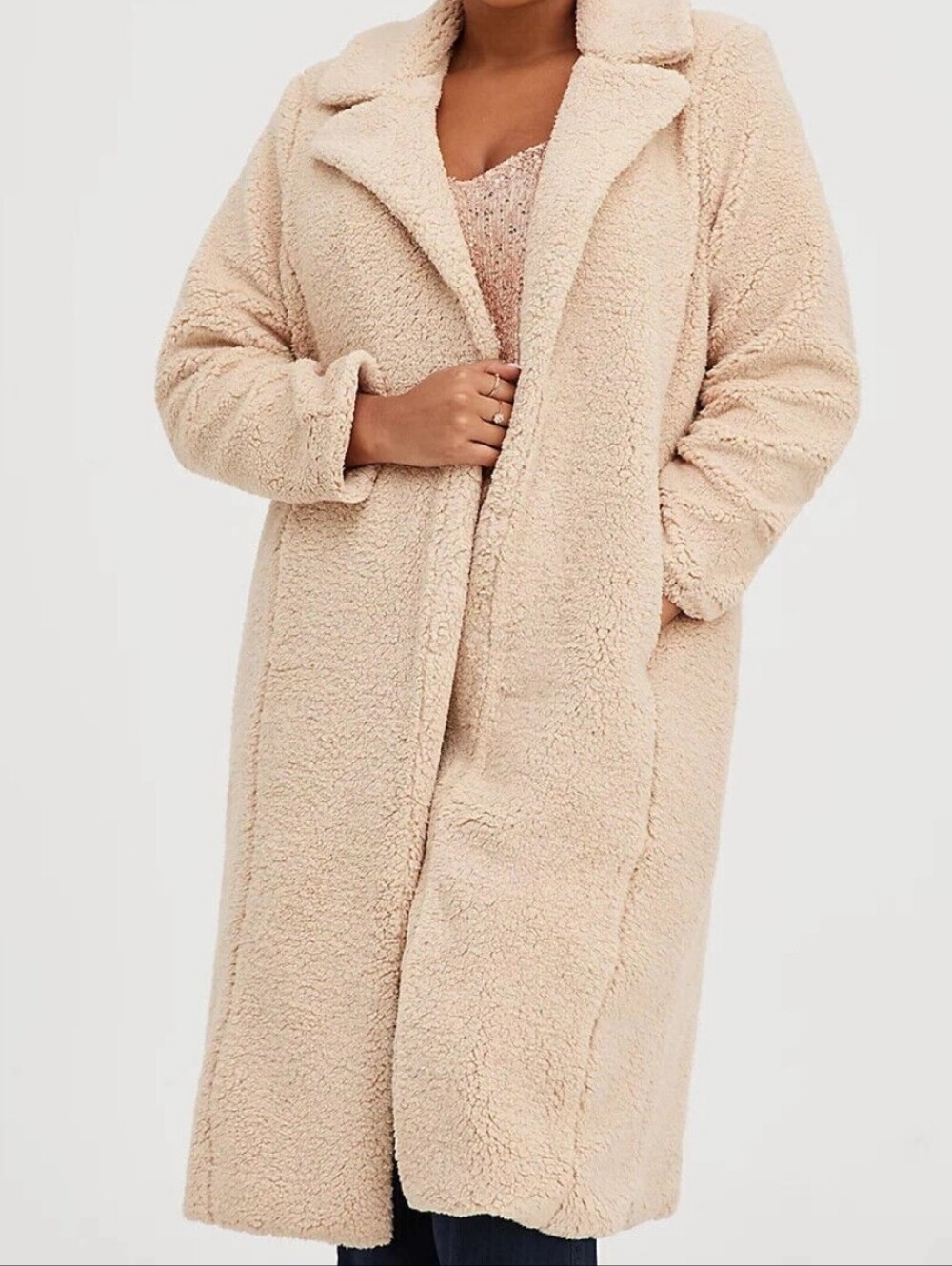 Torrid Lined Beige Cream Teddy Faux Faur Open Front  Longline Teddy Coat 4X
